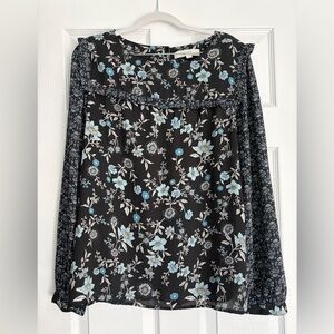 LOFT Black Blouse with Blue Floral Design